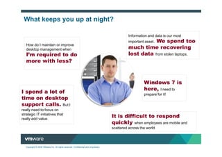 What keeps you up at night?

                                                                                               Information and data is our most
                                                                                                          We spend too
                                                                                               important asset.
   How do I maintain or improve
   desktop management when                                                                     much time recovering
   I’m required to do                                                                          lost data from stolen laptops.
   more with less?



                                                                                                        Windows 7 is
                                                                                                        here, I need to
I spend a lot of                                                                                        prepare for it!
time on desktop
support calls. But I
really need to focus on
strategic IT initiatives that
really add value.
                                                                                     It is difficult to respond
                                                                                     quickly when employees are mobile and
                                                                                     scattered across the world.




   Copyright © 2009 VMware Inc. All rights reserved. Confidential and proprietary.
 