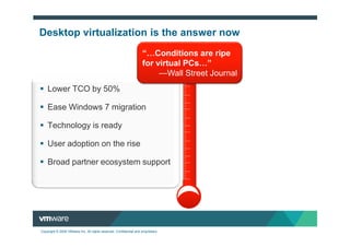 Desktop virtualization is the answer now
                                                                    “ Conditions are ripe
                                                                    for virtual PCs ”
                                                                         —Wall Street Journal
    Lower TCO by 50%

    Ease Windows 7 migration

    Technology is ready

    User adoption on the rise

    Broad partner ecosystem support




Copyright © 2009 VMware Inc. All rights reserved. Confidential and proprietary.
 