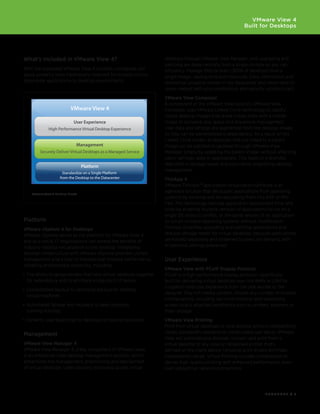 VMware View 4
                                                                                                               Built for Desktops




What’s	Included	in	VMware	View	4?                                      desktops through VMware View Manager, and upgrading and
                                                                       patching are done centrally from a single console so you can
With the expanded VMware View 4 solution, companies can                efficiently manage 100s or even 1,000s of desktops from a
apply powerful tools traditionally reserved for mission-critical       single	image—saving	time	and	resources.	Data,	information	and	
datacenter applications to desktop environments.                       intellectual property remain in the datacenter and never have to
                                                                       leave—except with your permissions and security policies intact.
                                                                       VMware View Composer
                                                                       A component of the VMware View solution, VMware View
                            VMware View 4                              Composer uses VMware Linked Clone technology to rapidly
                                                                       create desktop images that share virtual disks with a master
                              User Experience                          image to conserve disk space and streamline management.
              High Performance Virtual Desktop Experience              User data and settings are segmented from the desktop image,
                                                                       so they can be administered independently. As a result of this
                                                                       Linked Clone model, all desktops that are linked to a parent
                                Management                             image can be patched or updated through VMware View
         Securely Deliver Virtual Desktops as a Managed Service        Manager simply by updating the parent image, without affecting
                                                                       users’ settings, data or applications. This leads to a dramatic
                                    Platform                           reduction in storage needs and costs while simplifying desktop
                                                                       management.
                       Standardize on a Single Platform
                     from the Desktop to the Datacenter                ThinApp	4
                                                                       VMware ThinApp™ application virtualization software is an
    VMware View 4 Building Blocks
                                                                       agentless solution that decouples applications from operating
                                                                       systems by isolating and encapsulating them into EXE or MSI
                                                                       files. This technology reduces application deployment time and
                                                                       costs by enabling multiple versions of applications to run on a
                                                                       single OS without conflict, or the same version of an application
Platform                                                               to run on multiple operating systems without modification.
VMware	vSphere	4	for	Desktops                                          ThinApp simplifies upgrading and patching applications and
VMware vSphere serves as the platform for VMware View 4,               reduces storage needs for virtual desktops, because applications
and as a result, IT organizations can extend the benefits of           are hosted separately and streamed to users on-demand, with
industry-leading virtualization to the desktop. Integrating            all personal settings preserved.
desktop infrastructure with VMware vSphere provides unified
management and a host of features that improve performance,            User Experience
reliability and business continuity, including:
                                                                       VMware	View	with	PCoIP	Display	Protocol
•	 The	ability	to	group	servers	that	host	virtual	desktops	together	   PCoIP is a high-performance display protocol—specifically
   for redundancy and to eliminate single point of failure.            built for delivering virtual desktops over the WAN or LAN for
                                                                       a superior end-user experience from the task worker to the
•	 Consolidated	Backup	to	centralize	backup	for	desktop	
                                                                       designer. Play rich media content, choose any number of monitor
   virtual machines.
                                                                       configurations, including real multi-monitor, and seamlessly
•	 Automated	failover	and	recovery	to	keep	desktops	                   access locally attached peripherals such as printers, scanners or
   running nonstop.                                                    mass storage.
•	 Dynamic	load	balancing	for	desktop	computing	resources.             VMware View Printing
                                                                       Print from virtual desktops to local devices without compatibility
Management                                                             issues, bandwidth restraints or complicated user setup. VMware
                                                                       View will automatically discover, connect and print from a
VMware	View	Manager	4	                                                 virtual desktop to any local or networked printer that’s
VMware View Manager 4, a key component of VMware View,                 defined on the client device. Universal print drivers eliminate
is an enterprise-class desktop management solution, which              compatibility issues. Virtual Printing includes compression to
streamlines the management, provisioning and deployment                deliver high-quality printing with enhanced performance, even
of virtual desktops. Users securely and easily access virtual          over suboptimal network connections.




                                                                                                                         BROCHURE / 4
 