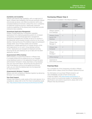 VMware View 4
                                                                                                                 Built for Desktops




Availability	and	Scalability                                         Purchasing	VMware	View	4
VMware View delivers high availability, with no single point of
failure. VMware High Availability (HA) ensures automatic failover    VMware View 4 is available in the following editions:
and provides pervasive, cost-effective protection within your
virtualized desktop environment, without the cost or complexity                                       VMware          VMwa r e
of traditional clustering solutions. Additionally, advanced                                           View            View
                                                                                                      Pre Mier        ent e rP r i s e
clustering capabilities on the physical and virtual layers provide
enterprise-class scalability.
                                                                        VMware vSphere                    √           √
Streamlined	Application	Management
                                                                        4	for	Desktops
VMware ThinApp application virtualization separates
applications from underlying operating systems for increased            VMware vCenter                    √           √
compatibility and streamlined application management.                   Server 4 for
Applications packaged with ThinApp can be run on servers in             Desktops
the datacenter and accessible through a shortcut on the virtual
desktop, reducing the size of the desktop image and subsequent          VMware View                       √           √
storage needs. Since ThinApp isolates and virtualizes                   Manager 4
applications, multiple applications or multiple versions of the
same applications run on users’ virtual desktops without                VMware View                       √
conflict. Applications are managed and deployed centrally,              Composer
ensuring that all users desktops are up-to-date with the latest
application versions.                                                   VMware                            √
                                                                        ThinApp 4
(Experimental)	Offline	Desktop
Offline	Desktop,	an	experimental	feature	in	VMware	View	                Offline	Desktop*              √
4, increases productivity by allowing you to run managed
virtual desktops locally or in the datacenter through the same          * Experimental Use
                                                                         PCoIP included in all packages
administration framework. Simply download a virtual desktop
onto your local client device. All existing security policies for
that virtual desktop continue to be applied and enforced.
                                                                     Find	Out	More
Later, you can check the desktop back into the datacenter
for resynchronization.                                               For a complete list of the components included in VMware
                                                                     vSphere edition, please consult the VMware vSphere brochure.
(Experimental)	Windows	7	Support
Reduce costs and complexity of desktop migration by delivering       For information or to purchase VMware products, call
Windows 7 as a virtual desktop.                                      1-877-4VMWARE (outside of North America dial
                                                                     +1-650-427-5000), visit www.vmware.com/products, or
Thin	Client	Support
                                                                     search online for an authorized reseller. For detailed product
VMware View supports a wide variety of thin client devices. For a
                                                                     specifications and systems requirements, please refer to the
complete list, please refer to the Thin Client Compatibility Guide
                                                                     VMware View documentation.
HCL: http://www.vmware.com/resources/techresources/1053.




                                                                                                                          BROCHURE / 7
 