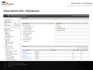 View Admin GUI - Dashboard




Projekt:   Webinar-Reihe der inoXtech University
Referent: Christian Desch | Solution Architekt | inoX-tech
Datum:     22.03.2012
Seite:     11
 