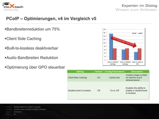 PCoIP – Optimierungen, v4 im Vergleich v5

Bandbreitenreduktion um 75%

Client Side Caching

Built-to-lossless deaktivierbar

Audio Bandbreiten Reduktion

Optimierung über GPO steuerbar




Projekt:   Webinar-Reihe der inoXtech University
Referent: Christian Desch | Solution Architekt | inoX-tech
Datum:     22.03.2012
Seite:     30
 
