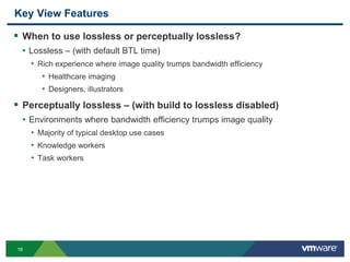 18
Key View Features
 When to use lossless or perceptually lossless?
• Lossless – (with default BTL time)
• Rich experience where image quality trumps bandwidth efficiency
• Healthcare imaging
• Designers, illustrators
 Perceptually lossless – (with build to lossless disabled)
• Environments where bandwidth efficiency trumps image quality
• Majority of typical desktop use cases
• Knowledge workers
• Task workers
 