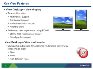 19
Key View Features
 View Desktop – View display
• True multimonitor
• Multimonitor support
• Display pivot support
• Variable resolution support
• Autofit to client
• Enhanced user experience using PCoIP
• 2560 x 1600 resolution per display
• ClearType font support
View Desktop – View multimedia
• Multimedia redirection for optimized multimedia delivery by
rendering at client
• Flash
• Audio
• High definition video
 