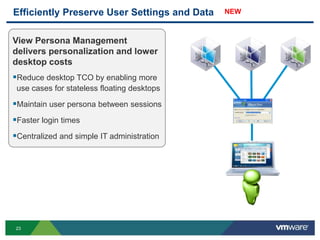 Efficiently Preserve User Settings and Data   NEW



View Persona Management
delivers personalization and lower
desktop costs
Reduce desktop TCO by enabling more
 use cases for stateless floating desktops

Maintain user persona between sessions
Faster login times
Centralized and simple IT administration




23
 