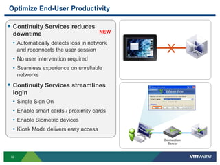 Optimize End-User Productivity

 Continuity Services reduces
                                      NEW
  downtime
  • Automatically detects loss in network
      and reconnects the user session        X
  • No user intervention required
  • Seamless experience on unreliable
      networks
 Continuity Services streamlines
  login
  • Single Sign On
  • Enable smart cards / proximity cards
  • Enable Biometric devices
  • Kiosk Mode delivers easy access
                                            Connection
                                              Server



 32
 