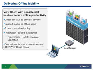 Delivering Offline Mobility

View Client with Local Model
enables secure offline productivity
Check out VMs to physical devices
Support mobile or offline users
Extend centralized policy
“Heartbeat” back to datacenter
  • Synchronize, Update, Remote
      Expiration
Support mobile users, contractors and
EOIT/BYOPC use cases                     View Manager




 33
 