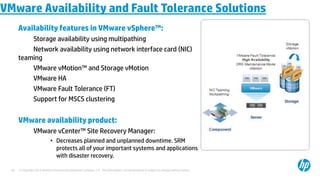 © Copyright 2012 Hewlett-Packard Development Company, L.P. The information contained herein is subject to change without notice.
66
VMware Availability and Fault Tolerance Solutions
Availability features in VMware vSphere™:
Storage availability using multipathing
Network availability using network interface card (NIC)
teaming
VMware vMotion™ and Storage vMotion
VMware HA
VMware Fault Tolerance (FT)
Support for MSCS clustering
VMware availability product:
VMware vCenter™ Site Recovery Manager:
• Decreases planned and unplanned downtime. SRM
protects all of your important systems and applications
with disaster recovery.
 