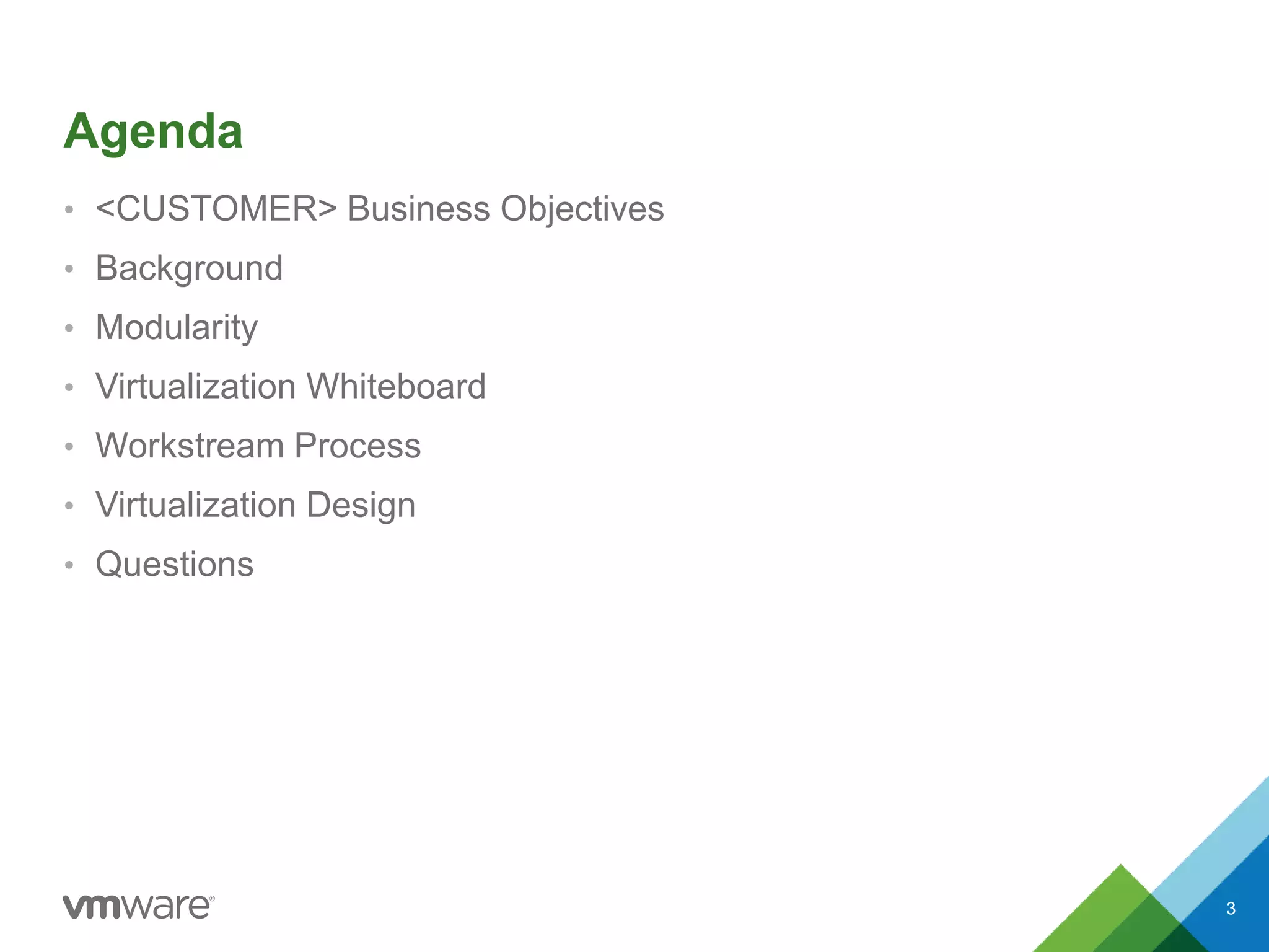 Agenda
• <CUSTOMER> Business Objectives
• Background
• Modularity
• Virtualization Whiteboard
• Workstream Process
• Virtualization Design
• Questions
3
 