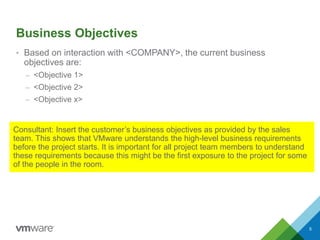 Business Objectives
• Based on interaction with <COMPANY>, the current business
objectives are:
– <Objective 1>
– <Objective 2>
– <Objective x>
5
Consultant: Insert the customer’s business objectives as provided by the sales
team. This shows that VMware understands the high-level business requirements
before the project starts. It is important for all project team members to understand
these requirements because this might be the first exposure to the project for some
of the people in the room.
 