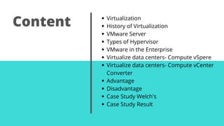 Content Virtualization
History of Virtualization
VMware Server
Types of Hypervisor
VMware in the Enterprise
Virtualize data centers- Compute vSpere
Virtualize data centers- Compute vCenter
Converter
Advantage
Disadvantage
Case Study Welch's
Case Study Result
 