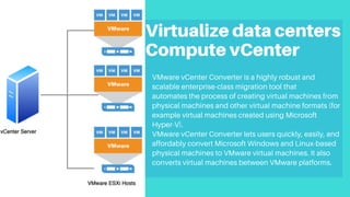 Virtualize data centers
Compute vCenter
VMware vCenter Converter is a highly robust and
scalable enterprise-class migration tool that
automates the process of creating virtual machines from
physical machines and other virtual machine formats (for
example virtual machines created using Microsoft
Hyper-V).
VMware vCenter Converter lets users quickly, easily, and
affordably convert Microsoft Windows and Linux-based
physical machines to VMware virtual machines. It also
converts virtual machines between VMware platforms.
 