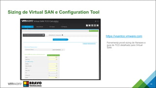 Sizing de Virtual SAN e Configuration Tool
44
https://vsantco.vmware.com
Ferramenta provê sizing de Harware e
guia de TCO detalhado para Virtual
SAN
 