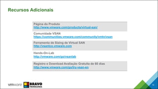 Recursos Adicionais
52
Página do Produto
http://www.vmware.com/products/virtual-san/
Comunidade VSAN
https://communities.vmware.com/community/vmtn/vsan
Ferramenta de Sizing de Virtual SAN
http://vsantco.vmware.com
Hands-On-Lab
http://vmware.com/go/vsanlab
Registro e Download Avaliação Gratuita de 60 dias
http://www.vmware.com/go/try-vsan-en
 