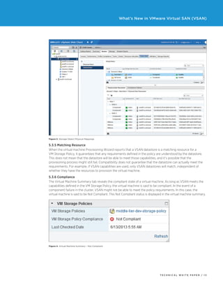 T ECHNICAL W HI T E P A P E R / 1 3
What’s New in VMware Virtual SAN (VSAN)
Figure 3. Storage Object Physical Mappings
5.3.5 Matching Resource
When the virtual machine Provisioning Wizard reports that a VSAN datastore is a matching resource for a
VM Storage Policy, it guarantees that any requirements defined in the policy are understood by the datastore.
This does not mean that the datastore will be able to meet those capabilities, and it’s possible that the
provisioning process might still fail. Compatibility does not guarantee that the datastore can actually meet the
requirements. For example, if VSAN capabilities are used, only VSAN datastores will match, independent of
whether they have the resources to provision the virtual machine.
5.3.6 Compliance
The Virtual Machine Summary tab reveals the compliant state of a virtual machine. As long as VSAN meets the
capabilities defined in the VM Storage Policy, the virtual machine is said to be compliant. In the event of a
component failure in the cluster, VSAN might not be able to meet the policy requirements. In this case, the
virtual machine is said to be Not Compliant. This Not Compliant status is displayed in the virtual machine summary.
Figure 4. Virtual Machine Summary – Not Compliant
 