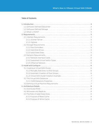 What’s New in VMware Virtual SAN (VSAN)
T ECHNICAL W HI T E P A P E R / 2
Table of Contents
1. Introduction.  .  .  .  .  .  .  .  .  .  .  .  .  .  .  .  .  .  .  .  .  .  .  .  .  .  .  .  .  .  .  .  .  .  .  .  .  .  .  .  .  .  .  .  .  .  .  .  .  .  .  .  .  .  .  .  .  .  .  .  .  .  .  .  . 4
1.1 Software-Defined Datacenter.  .  .  .  .  .  .  .  .  .  .  .  .  .  .  .  .  .  .  .  .  .  .  .  .  .  .  .  .  .  .  .  .  .  .  .  .  .  .  .  .  .  .  .  .  .  . 4
1.2 Software-Defined Storage.  .  .  .  .  .  .  .  .  .  .  .  .  .  .  .  .  .  .  .  .  .  .  .  .  .  .  .  .  .  .  .  .  .  .  .  .  .  .  .  .  .  .  .  .  .  .  .  .  . 4
1.3 What is VSAN? .  .  .  .  .  .  .  .  .  .  .  .  .  .  .  .  .  .  .  .  .  .  .  .  .  .  .  .  .  .  .  .  .  .  .  .  .  .  .  .  .  .  .  .  .  .  .  .  .  .  .  .  .  .  .  .  .  .  .  . 5
2. Requirements. .  .  .  .  .  .  .  .  .  .  .  .  .  .  .  .  .  .  .  .  .  .  .  .  .  .  .  .  .  .  .  .  .  .  .  .  .  .  .  .  .  .  .  .  .  .  .  .  .  .  .  .  .  .  .  .  .  .  .  .  .  .  . 5
2.1 vSphere Requirements.  .  .  .  .  .  .  .  .  .  .  .  .  .  .  .  .  .  .  .  .  .  .  .  .  .  .  .  .  .  .  .  .  .  .  .  .  .  .  .  .  .  .  .  .  .  .  .  .  .  .  .  . 5
2.1.1 vCenter Server.  .  .  .  .  .  .  .  .  .  .  .  .  .  .  .  .  .  .  .  .  .  .  .  .  .  .  .  .  .  .  .  .  .  .  .  .  .  .  .  .  .  .  .  .  .  .  .  .  .  .  .  .  .  .  . 5
2.1.2 vSphere .  .  .  .  .  .  .  .  .  .  .  .  .  .  .  .  .  .  .  .  .  .  .  .  .  .  .  .  .  .  .  .  .  .  .  .  .  .  .  .  .  .  .  .  .  .  .  .  .  .  .  .  .  .  .  .  .  .  .  .  .  . 5
2.2 Storage Requirements. .  .  .  .  .  .  .  .  .  .  .  .  .  .  .  .  .  .  .  .  .  .  .  .  .  .  .  .  .  .  .  .  .  .  .  .  .  .  .  .  .  .  .  .  .  .  .  .  .  .  .  .  . 5
2.2.1 Disk Controllers .  .  .  .  .  .  .  .  .  .  .  .  .  .  .  .  .  .  .  .  .  .  .  .  .  .  .  .  .  .  .  .  .  .  .  .  .  .  .  .  .  .  .  .  .  .  .  .  .  .  .  .  .  .  . 5
2.2.2 Hard Disk Drives. .  .  .  .  .  .  .  .  .  .  .  .  .  .  .  .  .  .  .  .  .  .  .  .  .  .  .  .  .  .  .  .  .  .  .  .  .  .  .  .  .  .  .  .  .  .  .  .  .  .  .  .  .  . 5
2.2.3 Solid-State Disks .  .  .  .  .  .  .  .  .  .  .  .  .  .  .  .  .  .  .  .  .  .  .  .  .  .  .  .  .  .  .  .  .  .  .  .  .  .  .  .  .  .  .  .  .  .  .  .  .  .  .  .  .  . 5
2.3 Network Requirements.  .  .  .  .  .  .  .  .  .  .  .  .  .  .  .  .  .  .  .  .  .  .  .  .  .  .  .  .  .  .  .  .  .  .  .  .  .  .  .  .  .  .  .  .  .  .  .  .  .  .  .  . 6
2.3.1 Network Interface Cards.  .  .  .  .  .  .  .  .  .  .  .  .  .  .  .  .  .  .  .  .  .  .  .  .  .  .  .  .  .  .  .  .  .  .  .  .  .  .  .  .  .  .  .  .  .  . 6
2.3.2 Supported Virtual Switch Types. .  .  .  .  .  .  .  .  .  .  .  .  .  .  .  .  .  .  .  .  .  .  .  .  .  .  .  .  .  .  .  .  .  .  .  .  .  .  .  . 6
2.3.3 VMkernel Network.  .  .  .  .  .  .  .  .  .  .  .  .  .  .  .  .  .  .  .  .  .  .  .  .  .  .  .  .  .  .  .  .  .  .  .  .  .  .  .  .  .  .  .  .  .  .  .  .  .  .  .  . 6
3. Install and Configure .  .  .  .  .  .  .  .  .  .  .  .  .  .  .  .  .  .  .  .  .  .  .  .  .  .  .  .  .  .  .  .  .  .  .  .  .  .  .  .  .  .  .  .  .  .  .  .  .  .  .  .  .  .  .  .  . 6
3.1 Creating a Virtual SAN Cluster .  .  .  .  .  .  .  .  .  .  .  .  .  .  .  .  .  .  .  .  .  .  .  .  .  .  .  .  .  .  .  .  .  .  .  .  .  .  .  .  .  .  .  .  .  . 6
3.1.1 Manually Add Disks to Disk Groups. .  .  .  .  .  .  .  .  .  .  .  .  .  .  .  .  .  .  .  .  .  .  .  .  .  .  .  .  .  .  .  .  .  .  .  .  . 6
3.1.2 Automatic Creation of Disk Groups. .  .  .  .  .  .  .  .  .  .  .  .  .  .  .  .  .  .  .  .  .  .  .  .  .  .  .  .  .  .  .  .  .  .  .  .  . 6
3.1.3 Virtual SAN Cluster Creation Example.  .  .  .  .  .  .  .  .  .  .  .  .  .  .  .  .  .  .  .  .  .  .  .  .  .  .  .  .  .  .  .  .  .  . 7
3.2 The Virtual SAN Datastore.  .  .  .  .  .  .  .  .  .  .  .  .  .  .  .  .  .  .  .  .  .  .  .  .  .  .  .  .  .  .  .  .  .  .  .  .  .  .  .  .  .  .  .  .  .  .  .  .  . 7
3.2.1 VSAN Datastore Properties. .  .  .  .  .  .  .  .  .  .  .  .  .  .  .  .  .  .  .  .  .  .  .  .  .  .  .  .  .  .  .  .  .  .  .  .  .  .  .  .  .  .  .  . 7
3.3 Defining Virtual Machine Requirements . . . . . . . . . . . . . . . . . . . . . . . . . . . . . . . . . . . . . . 7
4. Architecture Details.  .  .  .  .  .  .  .  .  .  .  .  .  .  .  .  .  .  .  .  .  .  .  .  .  .  .  .  .  .  .  .  .  .  .  .  .  .  .  .  .  .  .  .  .  .  .  .  .  .  .  .  .  .  .  .  .  . 8
4.1 Distributed RAID. .  .  .  .  .  .  .  .  .  .  .  .  .  .  .  .  .  .  .  .  .  .  .  .  .  .  .  .  .  .  .  .  .  .  .  .  .  .  .  .  .  .  .  .  .  .  .  .  .  .  .  .  .  .  .  .  .  . 8
4.2 Witnesses and Replicas. .  .  .  .  .  .  .  .  .  .  .  .  .  .  .  .  .  .  .  .  .  .  .  .  .  .  .  .  .  .  .  .  .  .  .  .  .  .  .  .  .  .  .  .  .  .  .  .  .  .  .  . 8
4.3 The Role of Solid-State Disks. .  .  .  .  .  .  .  .  .  .  .  .  .  .  .  .  .  .  .  .  .  .  .  .  .  .  .  .  .  .  .  .  .  .  .  .  .  .  .  .  .  .  .  .  .  .  . 8
4.3.1 Purpose of Read Cache.  .  .  .  .  .  .  .  .  .  .  .  .  .  .  .  .  .  .  .  .  .  .  .  .  .  .  .  .  .  .  .  .  .  .  .  .  .  .  .  .  .  .  .  .  .  .  . 8
4.3.2 Purpose of Write Cache.  .  .  .  .  .  .  .  .  .  .  .  .  .  .  .  .  .  .  .  .  .  .  .  .  .  .  .  .  .  .  .  .  .  .  .  .  .  .  .  .  .  .  .  .  .  .  . 8
 