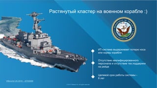 ИТ-система выдерживает потерю носа
или кормы корабля
Отсутствие квалифицированного
персонала и отсутствие тех.поддержки
на рейде
Целевой срок работы системы -
8 лет
Растянутый кластер на военном корабле :)
© 2017 VMware Inc. All rights reserved.
VMworld US 2016 - STO8568
 