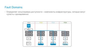 Fault Domains
• Определяет зоны/сервера доступности – компоненты инфраструктуры, которые могут
«упасть» одновременно
18
FD2 FD3 FD4
vmdk vmdk witness
FD1
RAID-1
esxi-01
esxi-02
esxi-03
esxi-04
esxi-05
esxi-06
esxi-07
esxi-08
 