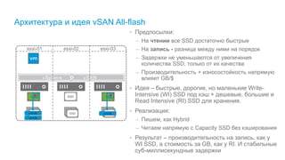 vSphere vSAN
Архитектура и идея vSAN All-flash
• Предпосылки:
– На чтении все SSD достаточно быстрые
– На запись - разница между ними на порядок
– Задержки не уменьшаются от увеличения
количества SSD, только от их качества
– Производительность + износостойкость напрямую
влияет GB/$
• Идея – быстрые, дорогие, но маленькие Write-
Intensive (WI) SSD под кэш + дешевые, большие и
Read Intensive (RI) SSD для хранения.
• Реализация:
– Пишем, как Hybrid
– Читаем напрямую с Capacity SSD без кэширования
• Результат – производительность на запись, как у
WI SSD, а стоимость за GB, как у RI. И стабильные
суб-миллисекундные задержки
vmdk vmdk
vmdk
esxi-01 esxi-02 esxi-03
 