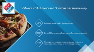 VMware vSAN помогает Dominos захватить мир
Экономия затрат на ИТ инфраструктуру
Более 300 кластеров в Европе для обслуживания заказов
Многократное сокращение время выхода на рынок в
новой стране или городе за счет стандартизации
40%
ROBO
TTM
 