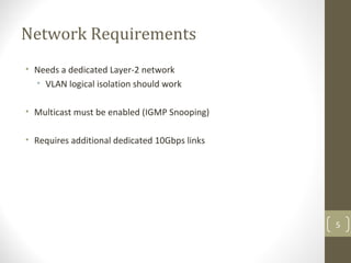 Network Requirements
• Needs a dedicated Layer-2 network
• VLAN logical isolation should work
• Multicast must be enabled (IGMP Snooping)
• Requires additional dedicated 10Gbps links
5
 