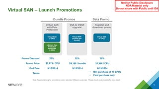 Virtual SAN – Launch Promotions
13
Virtual SAN
with Data
Protection
Virtual SAN
(1 CPU)
vSphere Data
Protection
Advanced
(1 CPU)
VSA to VSAN
upgrade
Virtual SAN
(6 CPUs per
bundle)
Register and
download promo
Virtual SAN
(1 CPU)
Beta PromoBundle Promos
20% 20% 20%
Not for Public Disclosure
NDA Material only
Do not share with Public until GA
$9,180 / bundle$2,875 / CPU $1,996 / CPU
Promo Discount
Promo Price
End Date
Terms
9/15/2014 9/15/2014 6/15/2014
• Min purchase of 10 CPUs
• First purchase only
Note: Regional pricing for promotions exist in standard VMware currencies. Please check local pricelists for more detail.
 