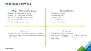 Flash Based Devices
VMware SSD Performance Classes
– Class A: 2,500-5,000 writes per second
– Class B: 5,000-10,000 writes per second
– Class C: 10,000-20,000 writes per second
– Class D: 20,000-30,000 writes per second
– Class E: 30,000+ writes per second
Examples
– Intel DC S3700 SSD ~36000 writes per second -> Class E
– Toshiba SAS SSD MK2001GRZB ~16000 writes per second
-> Class C
Workload Definition
– Queue Depth: 16 or less
– Transfer Length: 4KB
– Operations: write
– Pattern: 100% random
– Latency: less than 5 ms
Endurance
– 10 Drive Writes per Day (DWPD), and
– Random write endurance up to 3.5 PB on 8KB transfer size
per NAND module, or 2.5 PB on 4KB transfer size per
NAND module
19
 