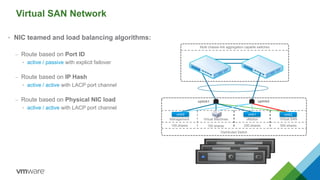 Virtual SAN Network
• NIC teamed and load balancing algorithms:
– Route based on Port ID
• active / passive with explicit failover
– Route based on IP Hash
• active / active with LACP port channel
– Route based on Physical NIC load
• active / active with LACP port channel
Management Virtual Machines vMotion Virtual SAN
Distributed Switch
100 shares 150 shares 250 shares 500 shares
uplink1 uplink2
vmk1 vmk2vmk0
Multi chassis link aggregation capable switches
 
