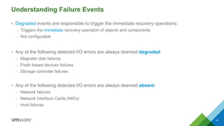 Understanding Failure Events
 Degraded events are responsible to trigger the immediate recovery operations.
– Triggers the immediate recovery operation of objects and components
– Not configurable
 Any of the following detected I/O errors are always deemed degraded:
– Magnetic disk failures
– Flash based devices failures
– Storage controller failures
 Any of the following detected I/O errors are always deemed absent:
– Network failures
– Network Interface Cards (NICs)
– Host failures
44
 