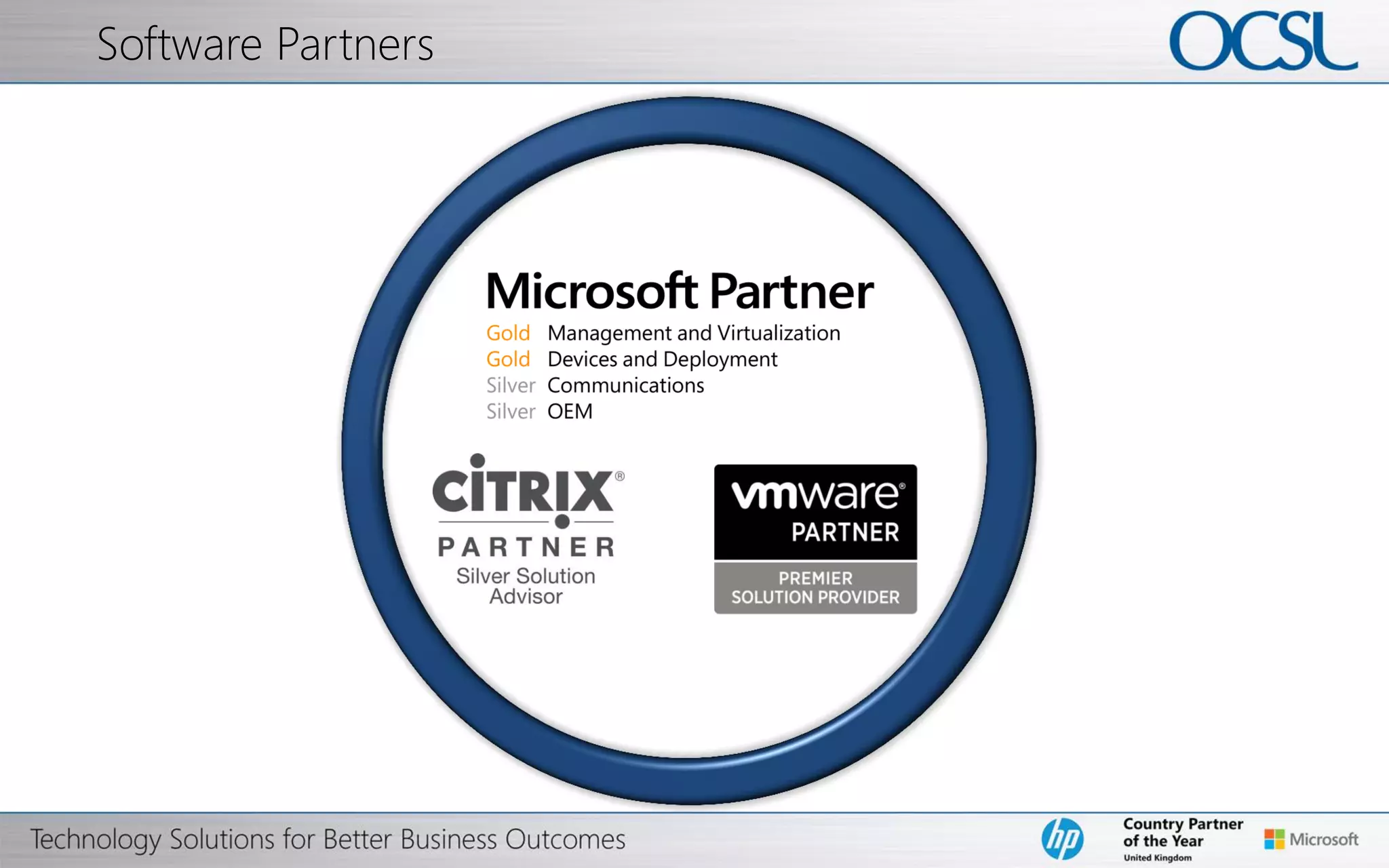 © Copyright 2012 Hewlett-Packard Development Company, L.P. The information contained herein is subject to change without notice.
VMware Recognition
"VMware recognises OCSL as a valued partner. They have shown innovation
in creating solutions that help customers to achieve competitive advantage,
business continuity and cost reductions through virtualisation. As a Premier
Partner, OCSL is a proven choice for the secure and reliable deployment of
VMware solutions."
Matt Piercy, VP, Northern EMEA, VMware.
 