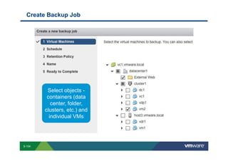 Create Backup Job




                                             Select objects -
                                             containers (data
                                               center, folder,
                                            clusters, etc.) and
                                              individual VMs




        S-104
Copyright © 2009 VMware, Inc. All rights reserved. This product is protected by U.S. and international copyright and intellectual property laws. VMware products are covered by one or more patents listed at http://www.vmware.com/go/patents.
 