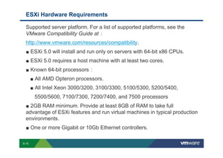 ESXi Hardware Requirements

             Supported server platform. For a list of supported platforms, see the
             VMware Compatibility Guide at ：
             http://www.vmware.com/resources/compatibility.
             ■       ESXi 5.0 will install and run only on servers with 64-bit x86 CPUs.
             ■       ESXi 5.0 requires a host machine with at least two cores.
             ■       Known 64-bit processors ：
                    ■       All AMD Opteron processors.
                    ■       All Intel Xeon 3000/3200, 3100/3300, 5100/5300, 5200/5400,
                            5500/5600, 7100/7300, 7200/7400, and 7500 processors
             ■ 2GB RAM minimum. Provide at least 8GB of RAM to take full
             advantage of ESXi features and run virtual machines in typical production
             environments.
             ■       One or more Gigabit or 10Gb Ethernet controllers.

        S-15
Copyright © 2009 VMware, Inc. All rights reserved. This product is protected by U.S. and international copyright and intellectual property laws. VMware products are covered by one or more patents listed at http://www.vmware.com/go/patents.
 