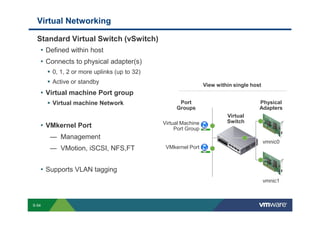Virtual Networking

             Standard Virtual Switch (vSwitch)
              • Defined within host
              • Connects to physical adapter(s)
                               0, 1, 2 or more uplinks (up to 32)
                               Active or standby
                                                                                                                                                                                                                  View within single host
                 • Virtual machine Port group
                               Virtual machine Network                                                                                                                              Port                                                                Physical
                                                                                                                                                                                   Groups                                                               Adapters
                                                                                                                                                                                                                                              Virtual
                                                                                                                                                                  Virtual Machine                                                             Switch
                 • VMkernel Port                                                                                                                                       Port Group
                            — Management
                                                                                                                                                                                                                                                         vmnic0
                            — VMotion, iSCSI, NFS,FT                                                                                                                  VMkernel Port



                 • Supports VLAN tagging
                                                                                                                                                                                                                                                         vmnic1



        S-54
Copyright © 2009 VMware, Inc. All rights reserved. This product is protected by U.S. and international copyright and intellectual property laws. VMware products are covered by one or more patents listed at http://www.vmware.com/go/patents.
 