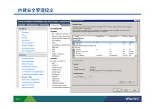 內建安全管理設定




        S-57
Copyright © 2009 VMware, Inc. All rights reserved. This product is protected by U.S. and international copyright and intellectual property laws. VMware products are covered by one or more patents listed at http://www.vmware.com/go/patents.
 