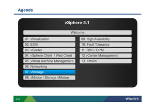 Agenda


                                                                                                                               vSphere 5.1

                                                                                                                                              Welcome

                              01. Virtualization                                                                                                                        09. High Availability
                              02. ESXi                                                                                                                                  10. Fault Tolerance
                              03. vCenter                                                                                                                               11. DRS / DPM
                              04. vSphere Client / Web Client                                                                                                           12 vCenter Management
                              05. Virtual Machine Management                                                                                                            13. Others
                              06. Networking
                              07. vStorage
                              08. vMotion / Storage vMotion




        S-58
Copyright © 2009 VMware, Inc. All rights reserved. This product is protected by U.S. and international copyright and intellectual property laws. VMware products are covered by one or more patents listed at http://www.vmware.com/go/patents.
 