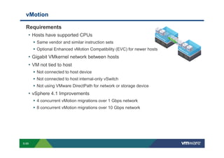 vMotion

             Requirements
              • Hosts have supported CPUs
                               Same vendor and similar instruction sets
                               Optional Enhanced vMotion Compatibility (EVC) for newer hosts
                 • Gigabit VMkernel network between hosts
                 • VM not tied to host
                               Not connected to host device
                               Not connected to host internal-only vSwitch
                               Not using VMware DirectPath for network or storage device
                 • vSphere 4.1 Improvements
                               4 concurrent vMotion migrations over 1 Gbps network
                               8 concurrent vMotion migrations over 10 Gbps network




        S-69
Copyright © 2009 VMware, Inc. All rights reserved. This product is protected by U.S. and international copyright and intellectual property laws. VMware products are covered by one or more patents listed at http://www.vmware.com/go/patents.
 