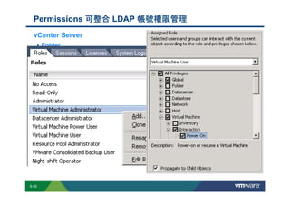 Permissions 可整合 LDAP 帳號權限管理
                                                                                                                                                                                                                            Visible from vCenter Server Inventory only
             vCenter Server
              • Folder
              • Datacenter                                                                                                                Top Level                                                                VC5-01                         vCenter Server
                               Cluster                                                                                                       Folder
                                   - Host                                                                                                Datacenter
                                                                                                                                            Cluster
                                             - VM
                                                                                                                                                             Host
                                   - vApp
                                             - VM                                                                                            Resource Pool
                                             - VM                                                                                      Virtual Machine (VM)
                                                                                                                                                      vApp
                                   - Resource pool
                                             - VM
                                             - VM




        S-92
Copyright © 2009 VMware, Inc. All rights reserved. This product is protected by U.S. and international copyright and intellectual property laws. VMware products are covered by one or more patents listed at http://www.vmware.com/go/patents.
 