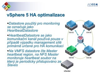 vSphere 5 HA optimalizace
ESX 01 ESX 03
ESX 04ESX 02
vCenter
Datastore použitý pro monitoring
se označuje jako
HeartbeatDatastore
HeartbeatDatastore se jako
komunikační kanál používá pouze v
případě výpadku management sítě
primárně určené pro HA komunikaci
Na VMFS datastore čte Master
heartbeat region, na NFS Master
monitoruje heartbeat soubor na
který je periodicky přistupováno ze
Slaves
 