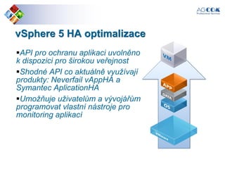 vSphere 5 HA optimalizace
API pro ochranu aplikaci uvolněno
k dispozici pro širokou veřejnost
Shodné API co aktuálně využívají
produkty: Neverfail vAppHA a
Symantec AplicationHA
Umožňuje uživatelům a vývojářům
programovat vlastní nástroje pro
monitoring aplikací
 