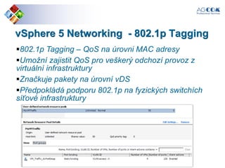 vSphere 5 Networking - 802.1p Tagging
802.1p Tagging – QoS na úrovni MAC adresy
Umožní zajistit QoS pro veškerý odchozí provoz z
virtuální infrastruktury
Značkuje pakety na úrovní vDS
Předpokládá podporu 802.1p na fyzických switchích
síťové infrastruktury
 