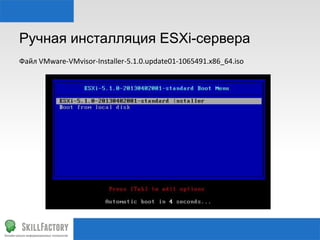 Ручная инсталляция ESXi-сервера
Файл VMware-VMvisor-Installer-5.1.0.update01-1065491.x86_64.iso
 