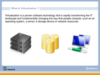 What is Virtualization ?,[object Object],Virtualization is a proven software technology that is rapidly transforming the IT landscape and fundamentally changing the way that people compute, such as an operating system, a server, a storage device or network resources. ,[object Object]