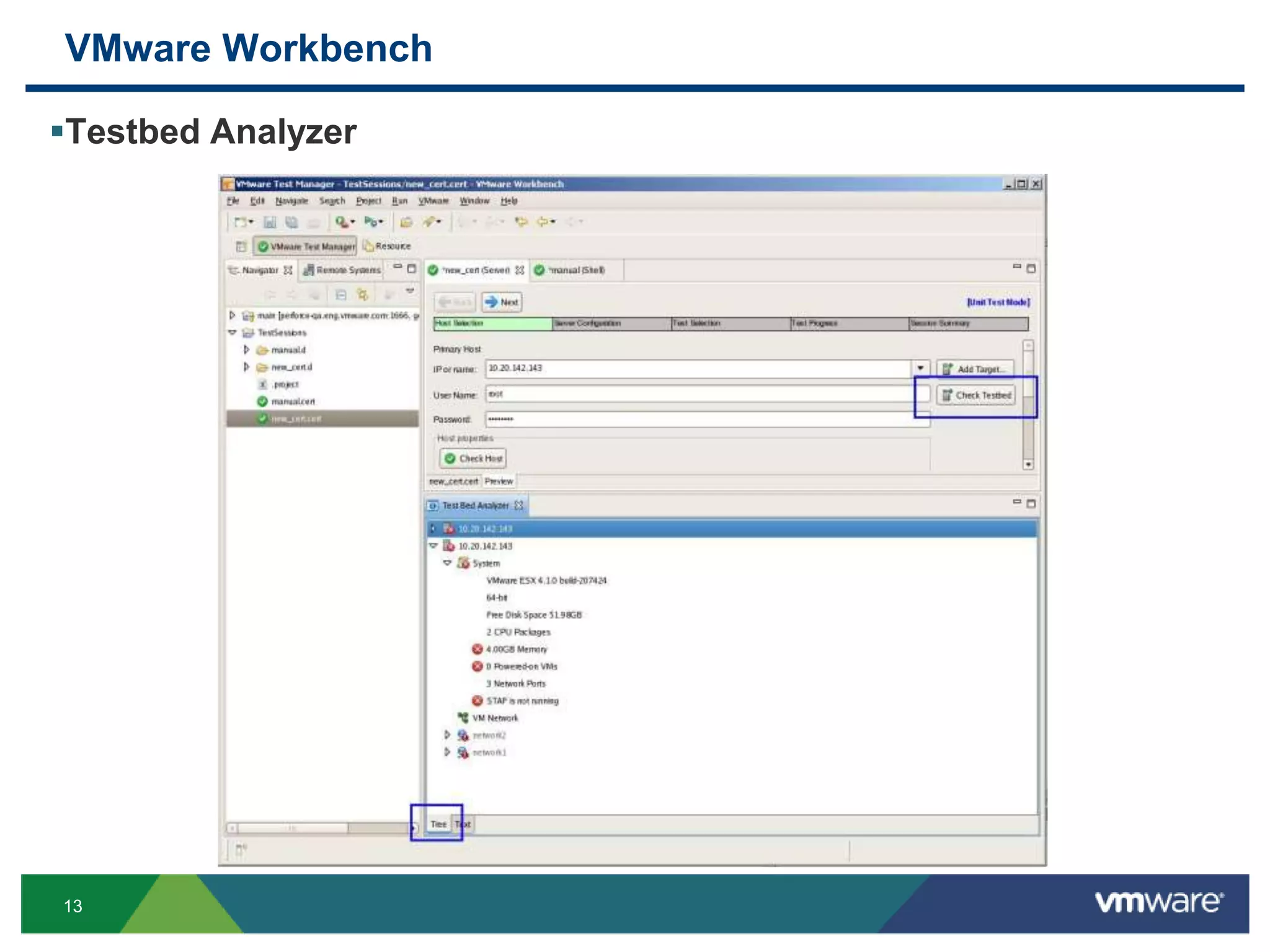 13
VMware Workbench
Testbed Analyzer
 