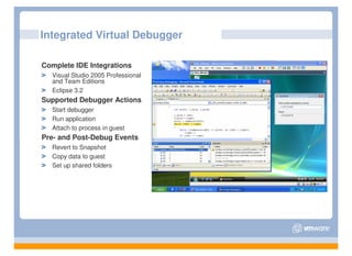 Integrated Virtual Debugger

Complete IDE Integrations
  Visual Studio 2005 Professional
  and Team Editions
  Eclipse 3.2
Supported Debugger Actions
  Start debugger
  Run application
  Attach to process in guest
Pre- and Post-Debug Events
  Revert to Snapshot
  Copy data to guest
  Set up shared folders
 