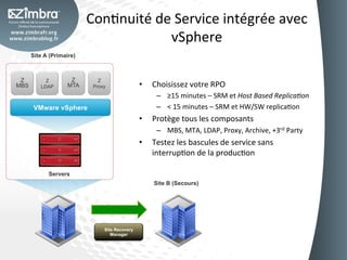 ConOnuité	
  de	
  Service	
  intégrée	
  avec	
  
                                         vSphere	
  
      Site A (Primaire)



 Z         Z         Z       Z
MBS      LDAP       MTA    Proxy               •    Choisissez	
  votre	
  RPO	
  
                                                     –  ≥15	
  minutes	
  –	
  SRM	
  et	
  Host	
  Based	
  Replica3on	
  
       VMware vSphere                                –  <	
  15	
  minutes	
  –	
  SRM	
  et	
  HW/SW	
  replicaOon	
  
                                               •    Protège	
  tous	
  les	
  composants	
  
                                                     –  MBS,	
  MTA,	
  LDAP,	
  Proxy,	
  Archive,	
  +3rd	
  Party	
  
                                               •    Testez	
  les	
  bascules	
  de	
  service	
  sans	
  
                                                    interrupOon	
  de	
  la	
  producOon	
  

            Servers
                                                    Site B (Secours)




                               Site Recovery
                                  Manager
 