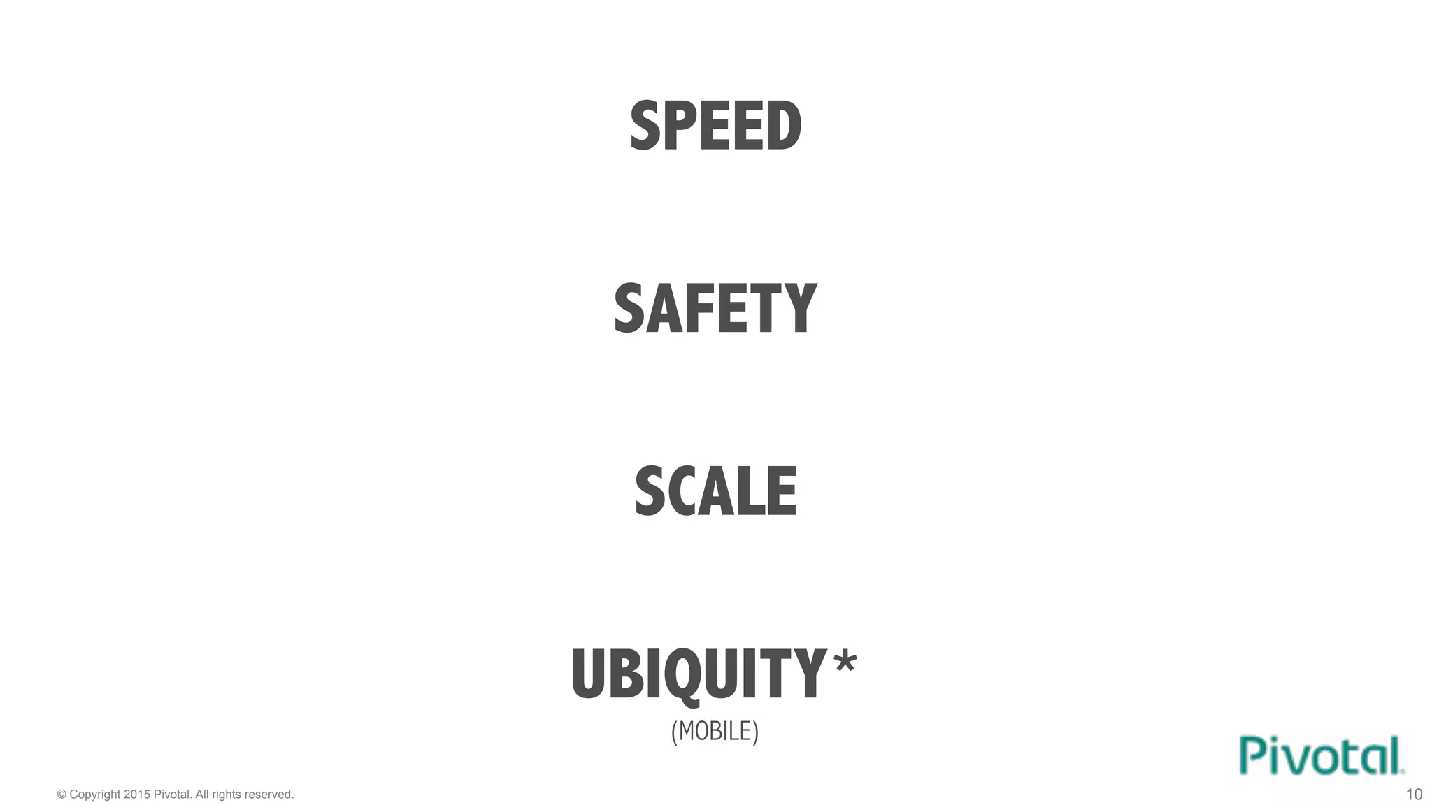 © Copyright 2015 Pivotal. All rights reserved. 10
SPEED
UBIQUITY*
SCALE
SAFETY
(MOBILE)
 