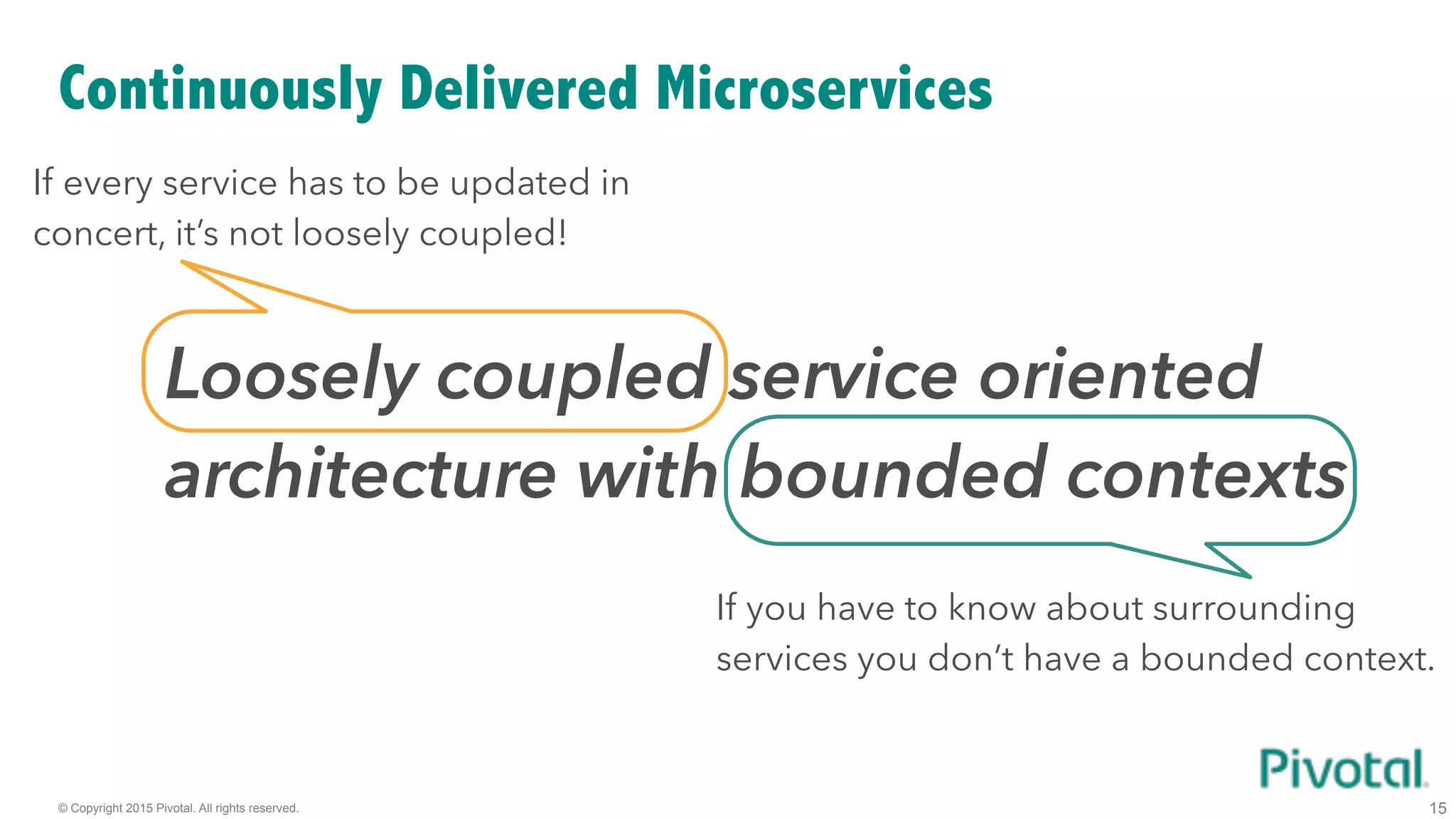© Copyright 2015 Pivotal. All rights reserved.
Continuously Delivered Microservices
15
Loosely coupled service oriented
architecture with bounded contexts
If every service has to be updated in
concert, it’s not loosely coupled!
If you have to know about surrounding
services you don’t have a bounded context.
 