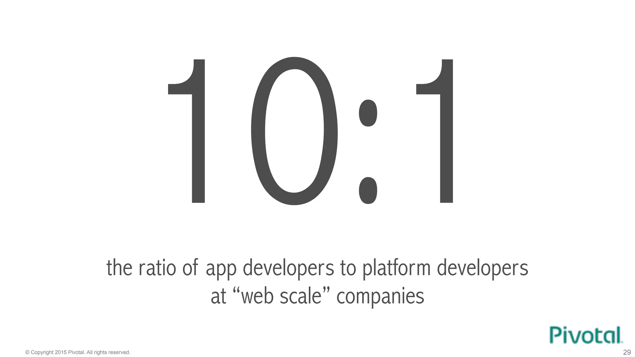 © Copyright 2015 Pivotal. All rights reserved. 29
10:1the ratio of app developers to platform developers
at “web scale” companies
 