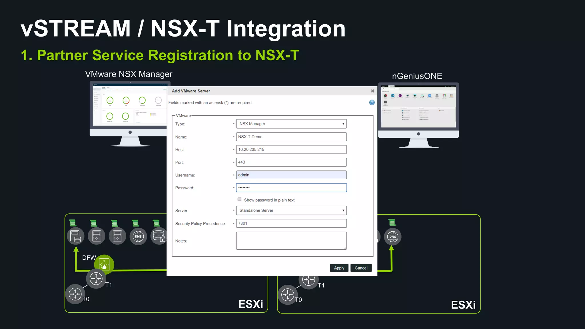 COPYRIGHT © 2019 NETSCOUT SYSTEMS, INC. 14
1 Register NETSCOUT Partner Service
With VMware NSX Manager
vSTREAM / NSX-T Integration
1. Partner Service Registration to NSX-T
VMware NSX Manager nGeniusONE
ESXi
T1
DFW
T0
ESXi
T1
DFW
T0
 