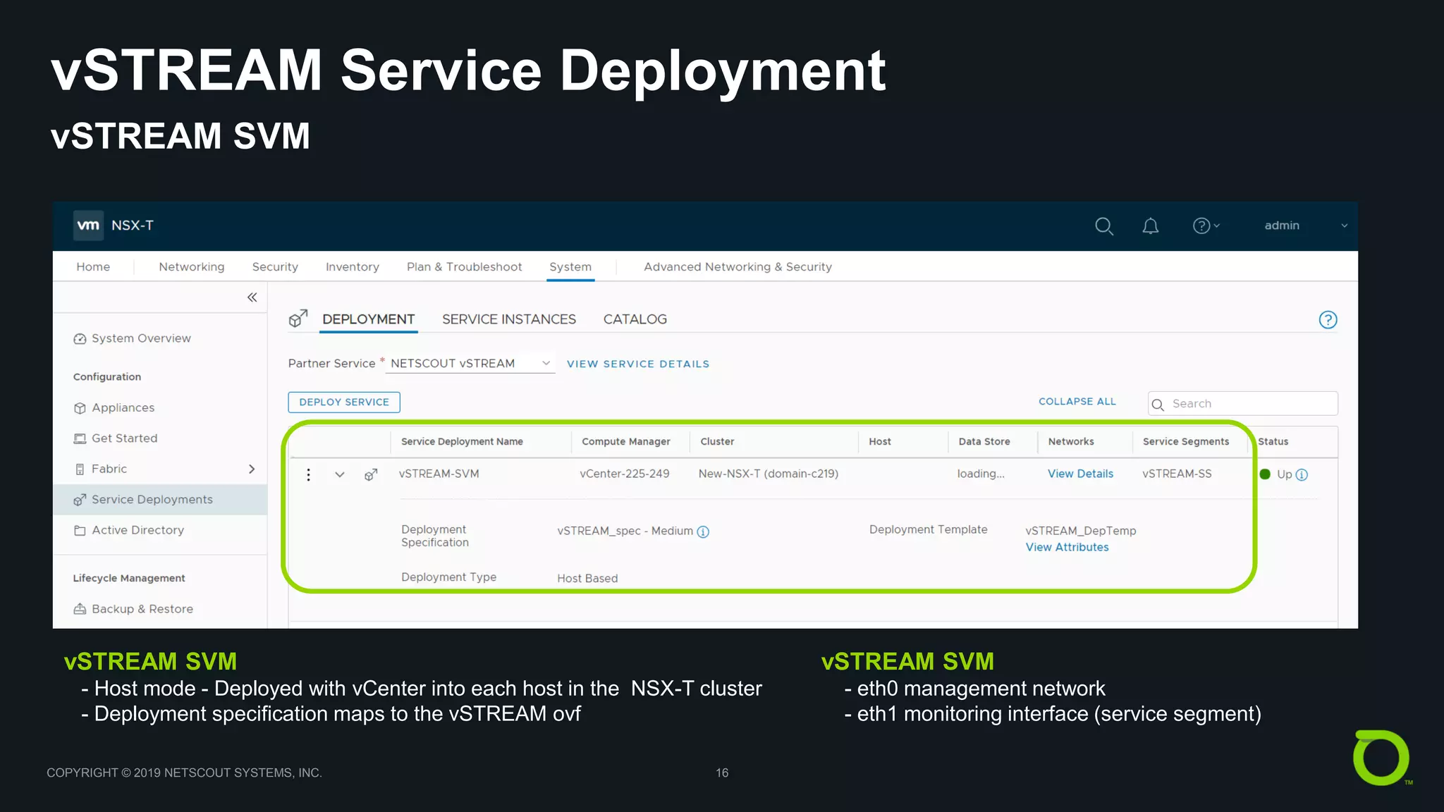 COPYRIGHT © 2019 NETSCOUT SYSTEMS, INC. 16
vSTREAM Service Deployment
vSTREAM SVM
vSTREAM SVM
- Host mode - Deployed with vCenter into each host in the NSX-T cluster
- Deployment specification maps to the vSTREAM ovf
vSTREAM SVM
- eth0 management network
- eth1 monitoring interface (service segment)
 